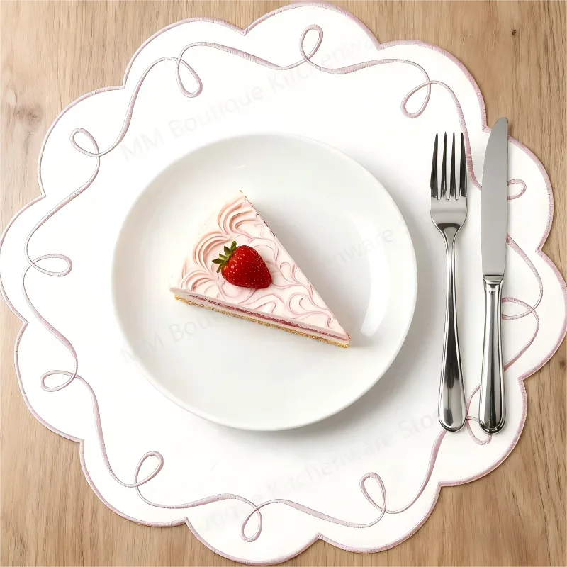 4pcs Cotton Fabric & Wave Embroidery Placemats Individual Table Plate Cloths For Kitchen Table Decoration&Accessories