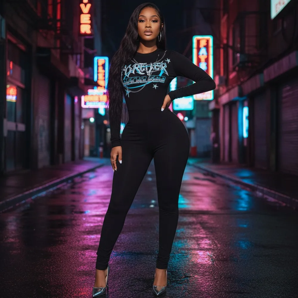 

Уличная одежда Krisnanas, длинные комбинезоны с металлической цепочкой, 2021, узкие леггинсы с принтом, подтягивающие ягодицы, молния сзади, спортивная одежда, женская