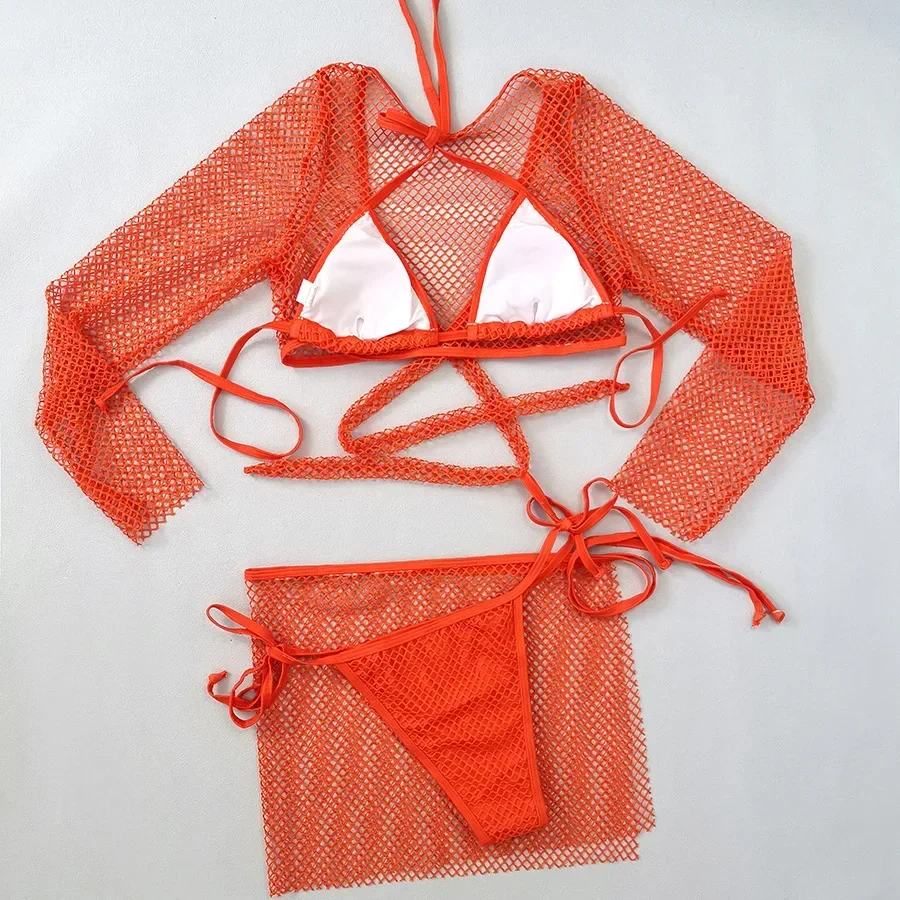 Orange roter 4-teiliger Badeanzug für Frauen, 2024 neuer Langarm-Mesh-Vertuschung bikini, sexy Schnür-Tanga-Badeanzug mit niedriger Taille y236