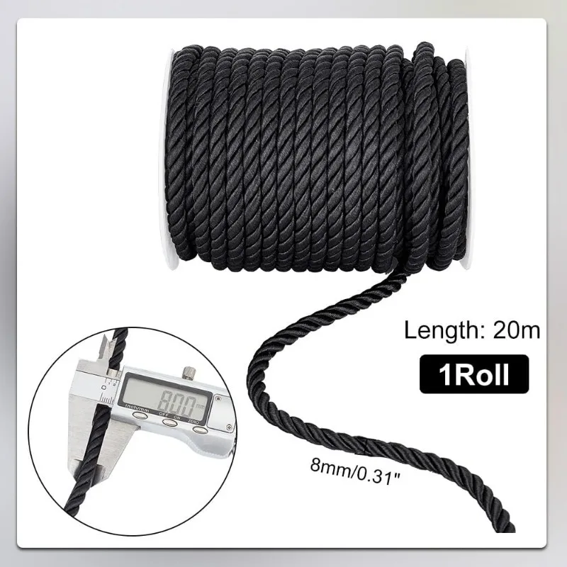 8mm 21.9 Yards Decorative Twisted Cord, 3-Ply Braided Cord with Spool, Black Decorative Twisted Satin for Curtain Hooks Home