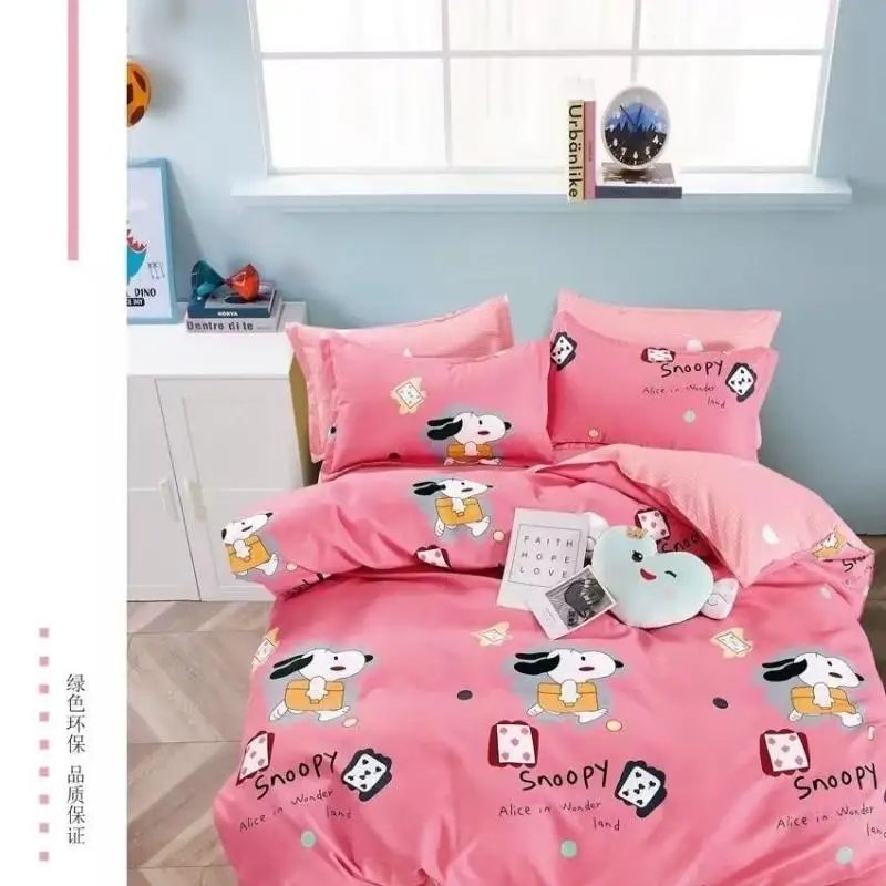 Snoopy Bedding 4Pcs Anime Cartoon Snoopy Sheets Quilt Cover Pillowslip Four-Piece Set Student Dormitories Bed Sheet 3Pcs Set