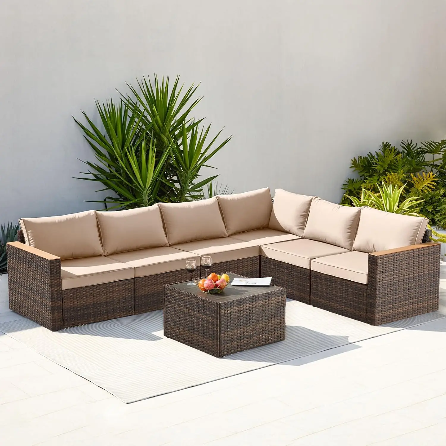 Exclusive Quick Install Patio Furniture Set, 7 Pieces Outdoor Patio Furniture, Durable Wicker Outdoor Couch