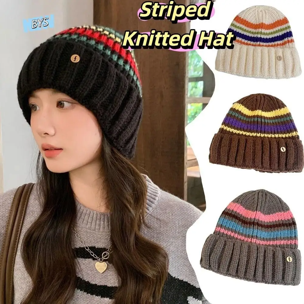 

Fashion Vintage Striped Knitted Hat Breathable Korean Style Casual Wool Hat Coldproof Trendy Winter Pullover Hat Outdoor