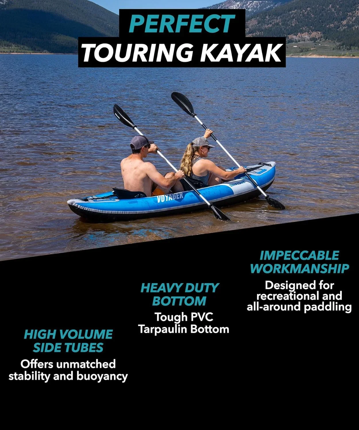 Inflatable Kayak 2 Person Tandem, Foldable Kayaks for Adults includes 2 Aluminum Paddles, Double Action Pump and Travel Backpack