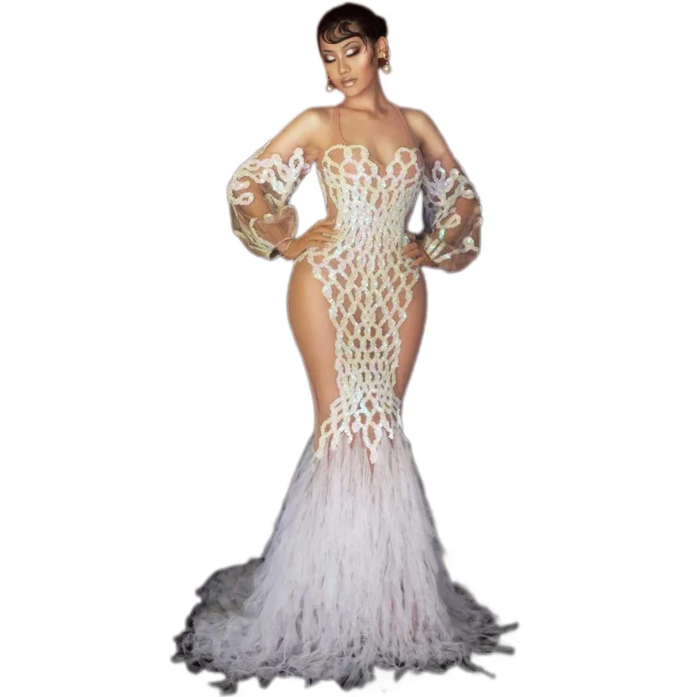 

Spaghetti Strap Sexy Sequins Lace Folds Women Long Dress Evening Party Wedding Wear Stage Singer Perform Drag Queen Costumes