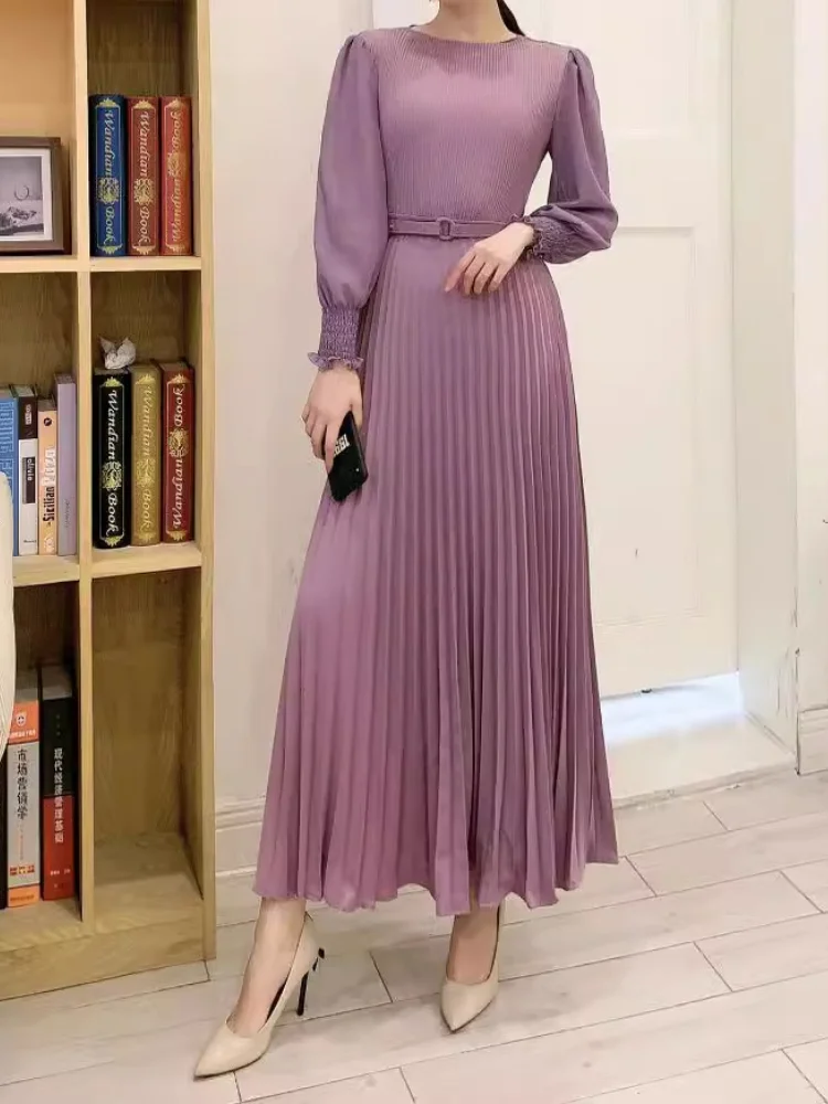 Dress Women Long Dresses A Line Pleated Round Neck Long Sleeve Tight High Waist Belt Slim Sexy Elegant Splice Vestidos 2024