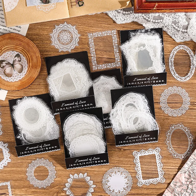 30pcs/bag Transparent White Lace Pattern Stickers Vintage Classic Clear DIY Journaling Album Diary Scrapbook Collage Materials