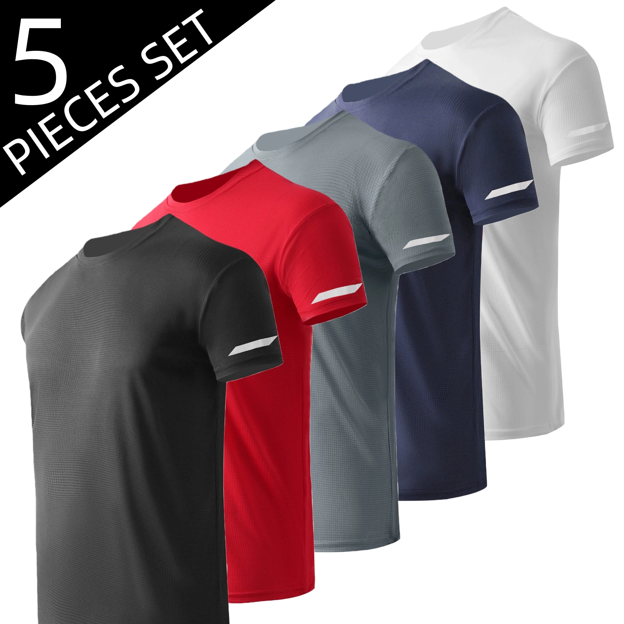 

5Pcs Boyfriend Style Men's Print Color Ultralight QuickDry Sport T-Shirt, Breathable Lightweight Top For Fitness Training Workou