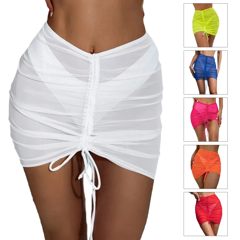 Women Bikini Cover Up Wrap Mini Skirt Ruched Drawstring Sheer Mesh Beach Sarong Drop Shipping