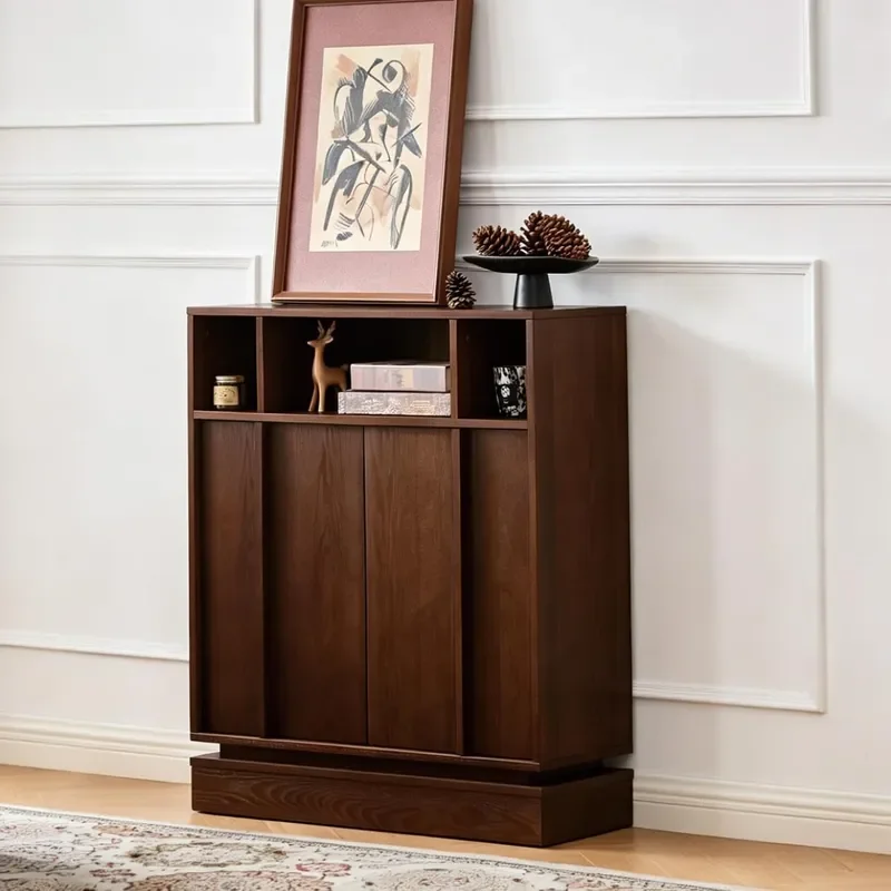 Wooden Sideboard Buffet Cabinet with Open Storage and Adjustable Shelves Farmhouse Narrow Entryway Cabinet with Socket Hole