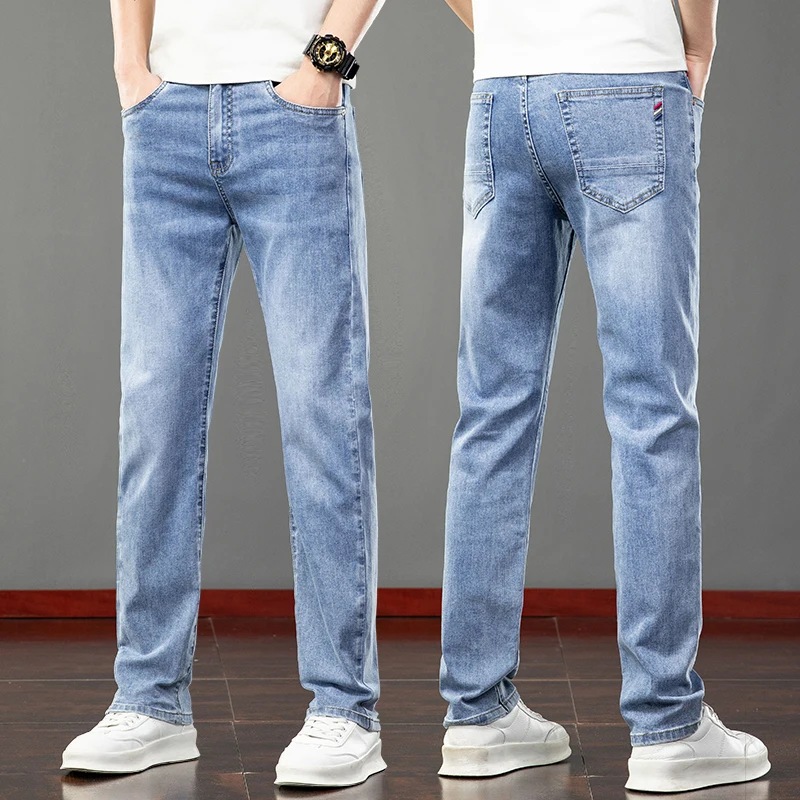 Spring Summer Thin Slim Fit Jeans Mens Elastic Straight Casual Business Denim Pants Washed Classic Brand Clothing Men Trousers