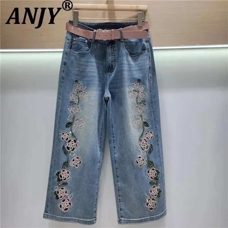 

ANJY Spring Summer New Women Heavy Embroidery Hollow Out Diamonds Flower Straight Jeans Trendy Loose Wide-leg Denim Pants A24678