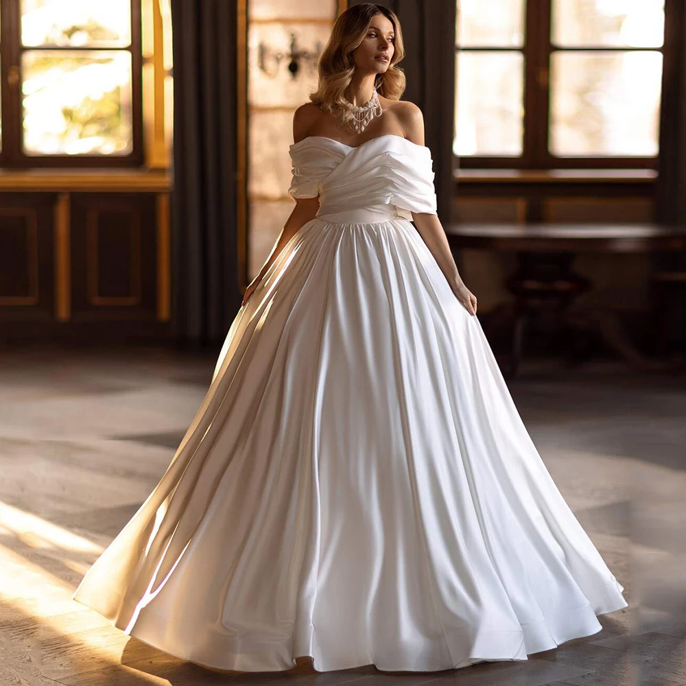 Modern Satin Wedding Dress Simple Off The Shoulder V Neck Ruched Pleat Sweep Train A Line Draped Corset Bridal Gown