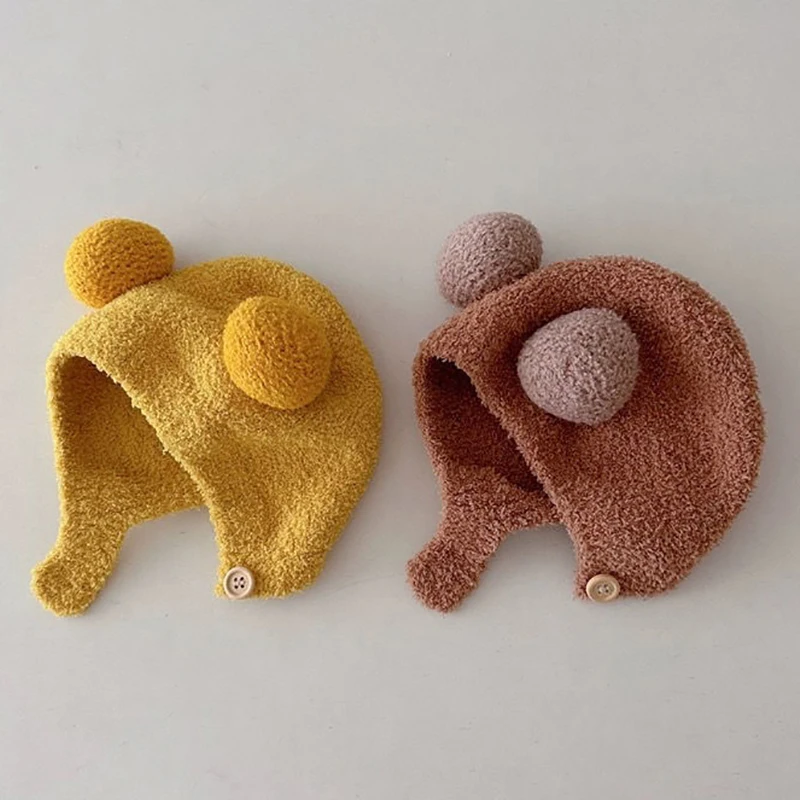 لطيف شتاء دافئ الاطفال الطفل القبعات الصوف هيمينغ قبعات مع الكرة سدادات حماية الأذن القبعات لينة الوليد بونيه للبنين بنات