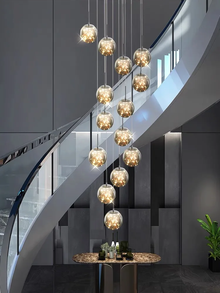 Modern Spiral Stair Chandelier Lustre Living Room Duplex Building Villa Loft Pendant Light Home Decor Glass Ball LED String Lamp