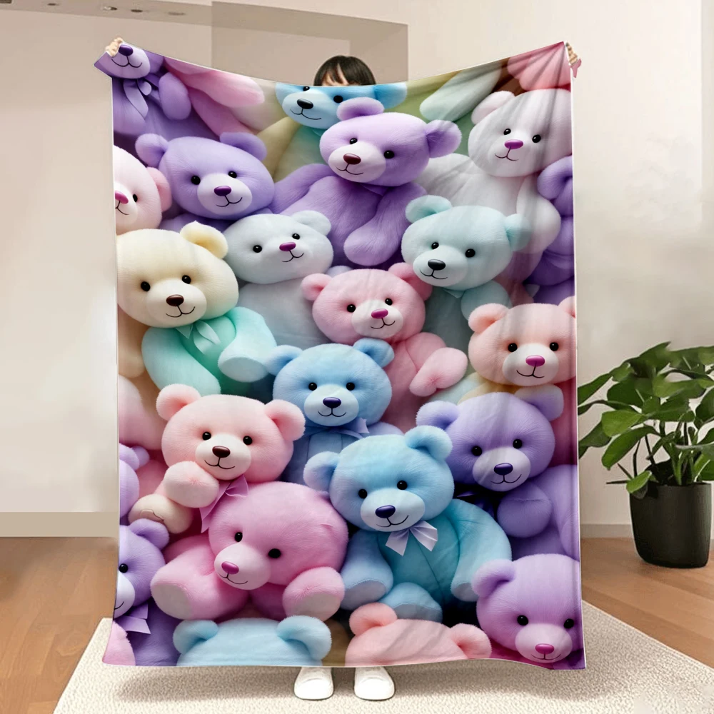 1PC Lovely pastel teddy bear print blanket-made of soft fluffy flannel, perfect for bed or sofa. Comfortable bedroom decor is al