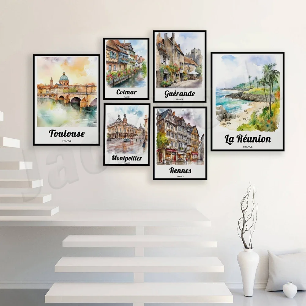 Toulouse, Vosges, Rennes, Brittany, Colmar, Alsace, Montpellier, Lille, Metz, Reunión, La Rochelle, Francia, cartel de itinerario