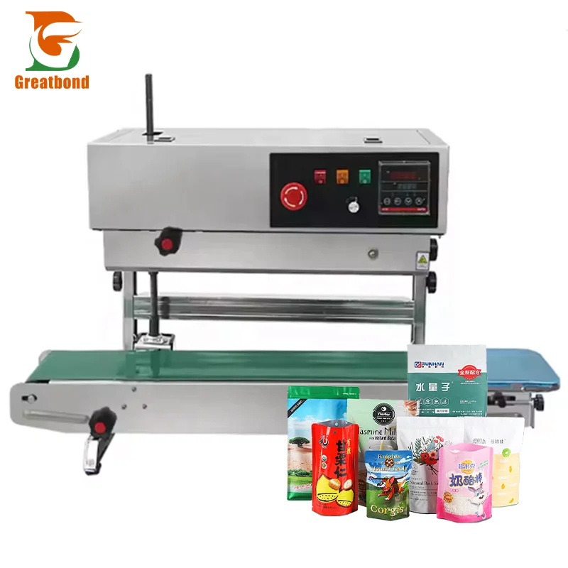 FR900 Stainless Steel Heat Continuous Band Sealer Aluminum Foil Plastic Bag Film Date Printing Portable Vertical Sealing Machine