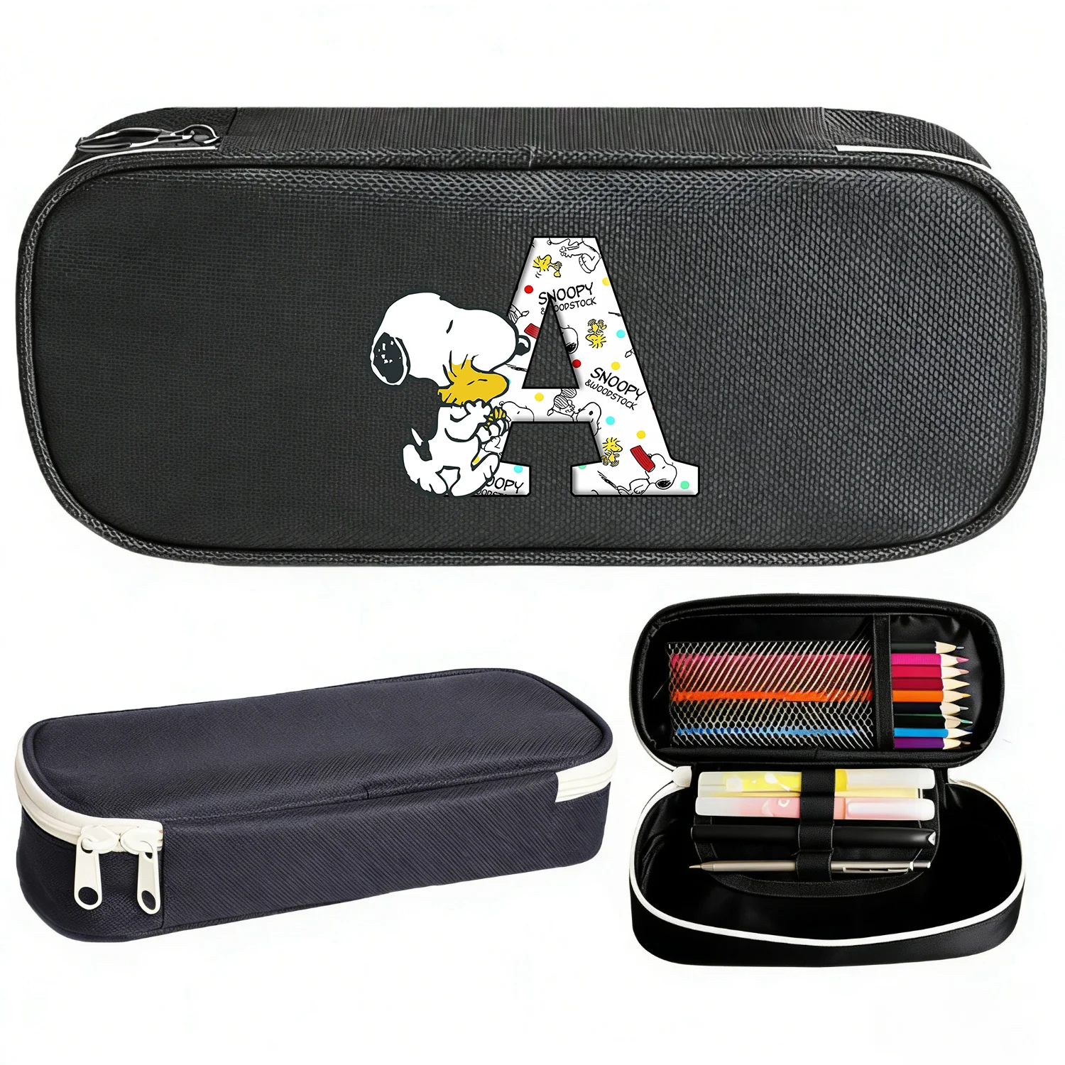 

Snoopy Pencil Case A-Z Letter Cartoon Pen Bag Black Art Supplies Large Pen Bags Kawaii Anime School Office Stationery Kids Gift