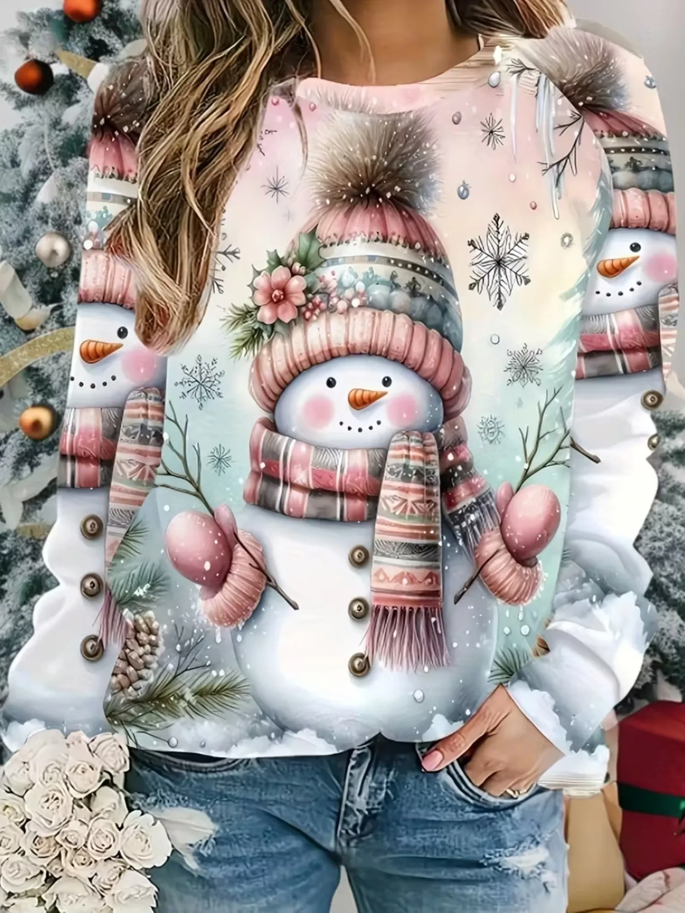 Women'S Winter 3D Full-Print T-Shirt - Soft Round-Neck Long-Sleeve Top with Snowman, Pine Branch, And Snowflake Patterns - Comfortable Casual Outfit And New Year'S Theme Parties - Washable Seasonal Apparel