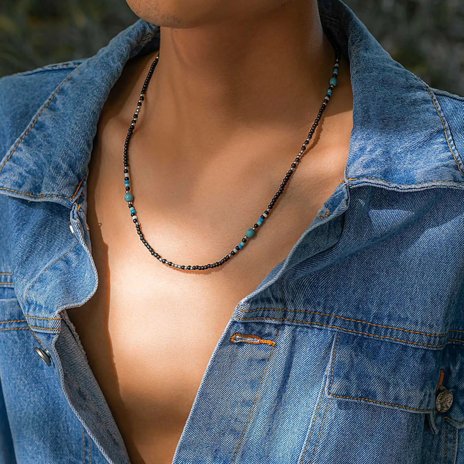 Synthetic Turquoise Necklaces for Men Boys,Mini Black Beaded Necklaces,Summer Beach Male Jewelry