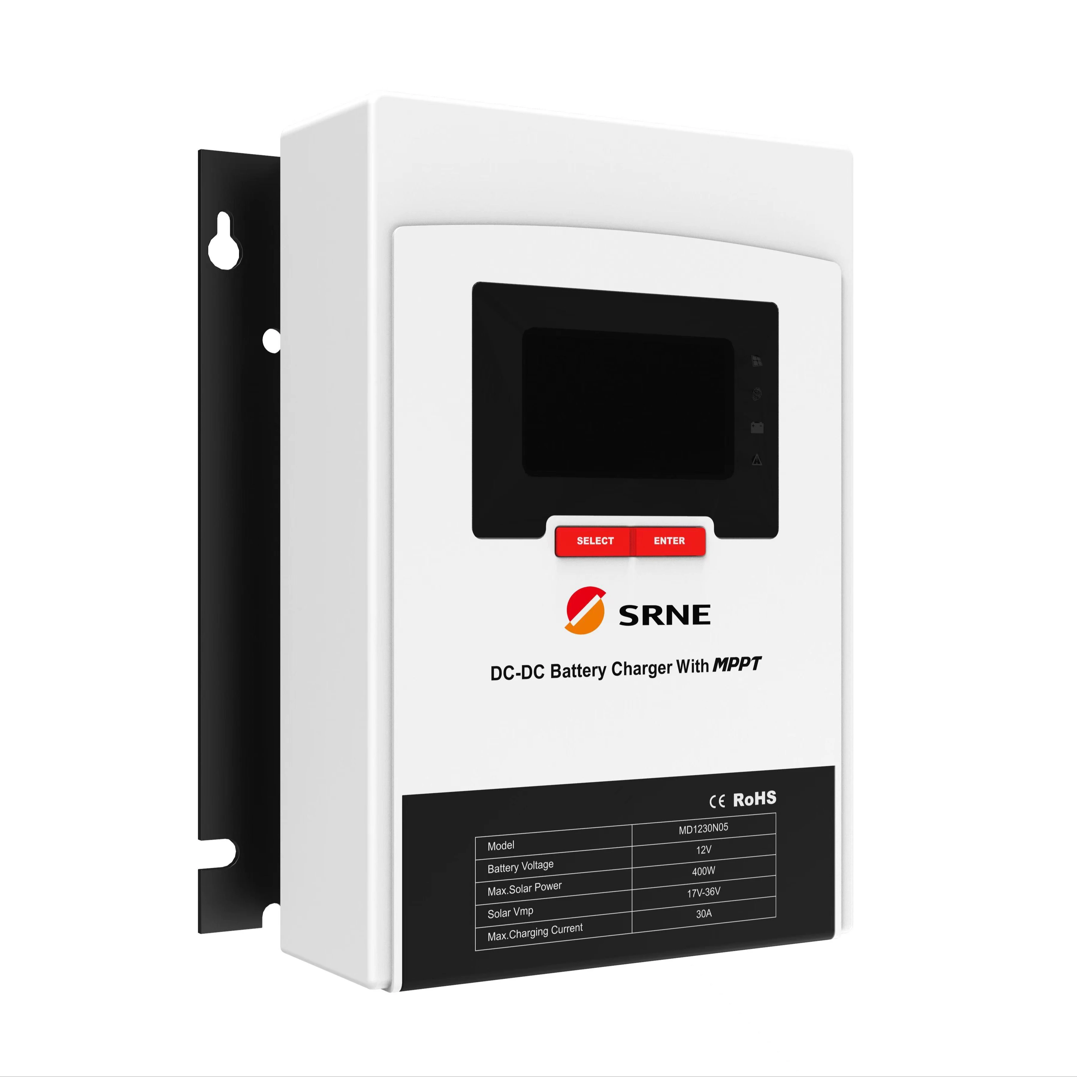 

Контроллер заряда солнечных батарей MPPT SRNE MD1230N05 400W 30A 12V DC-DC с двойной зарядкой аккумуляторов и управлением по Bluetooth для автодомов