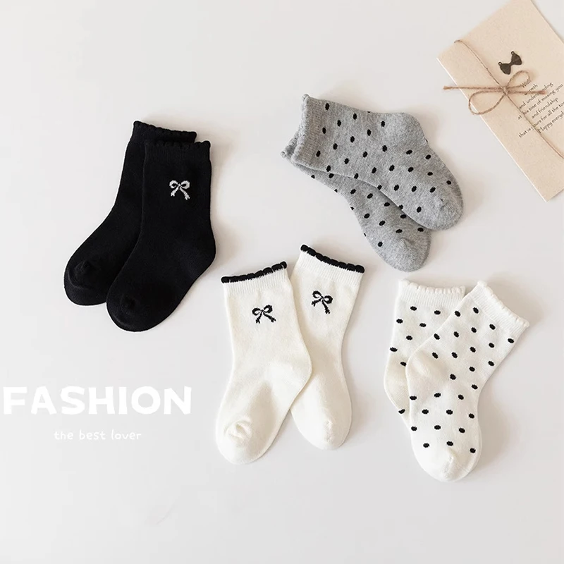 4Pairs Embroidery Bow Socks 3-14Year Girls Polka Dot Stockings Spring Autumn Children Middle Tube Sock Baby Kids Cotton Footwear