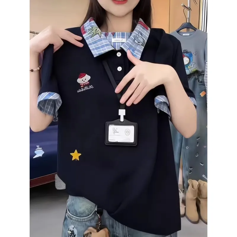 

Летняя мужская футболка большого размера с вышивкой собаки и клетчатым узором, короткий рукав, верхняя одежда в университетском стиле