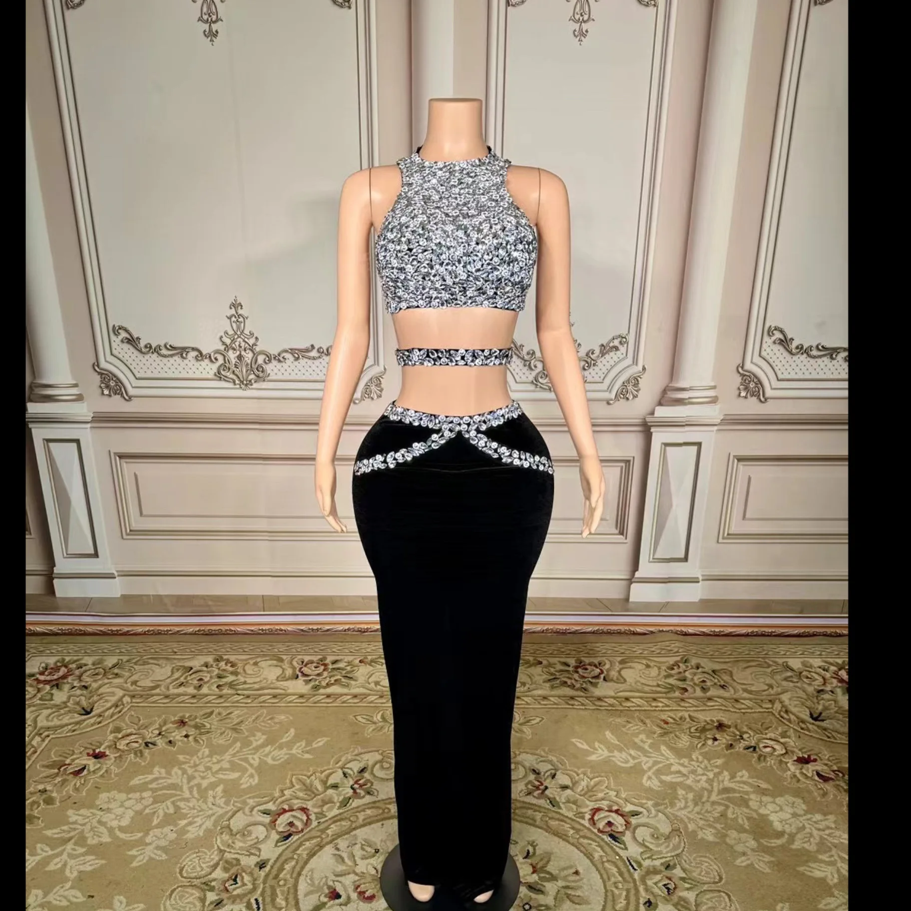 

2025 Summer High Quality Bling Rhinestone Diamond Skirt Black Sleeveless Sexy Bandage Dress Two Piece Sets