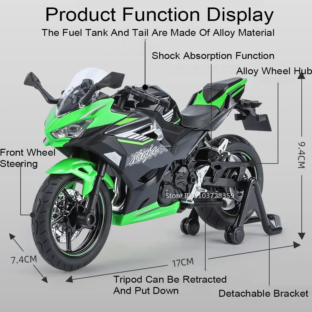 1:12 Kawasaki Nijia 400 H2R motocicleta modelo juguetes aleación Diecast sonido luz absorción de impacto dirección de la rueda delantera para niños regalos