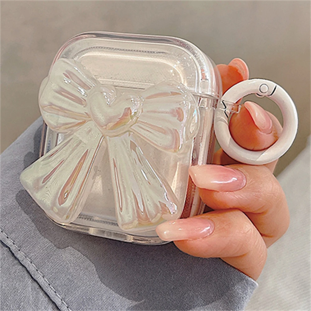 Funda de auriculares transparente con lazo grande láser 3D para AirPods, carcasa protectora con llavero, cubierta suave, 1, 2, 3, Pro 2