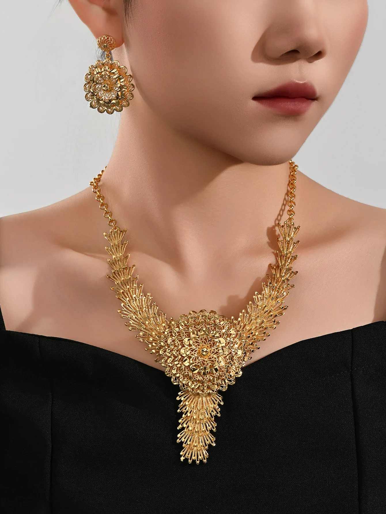 

Новые модные серьги-колье на Ближнем Востоке, Африке, Дубай, 24-каратное позолоченное индивидуальное ожерелье, серьги для пар, комплект ювелирных изделий для свадебной вечеринки DD10773