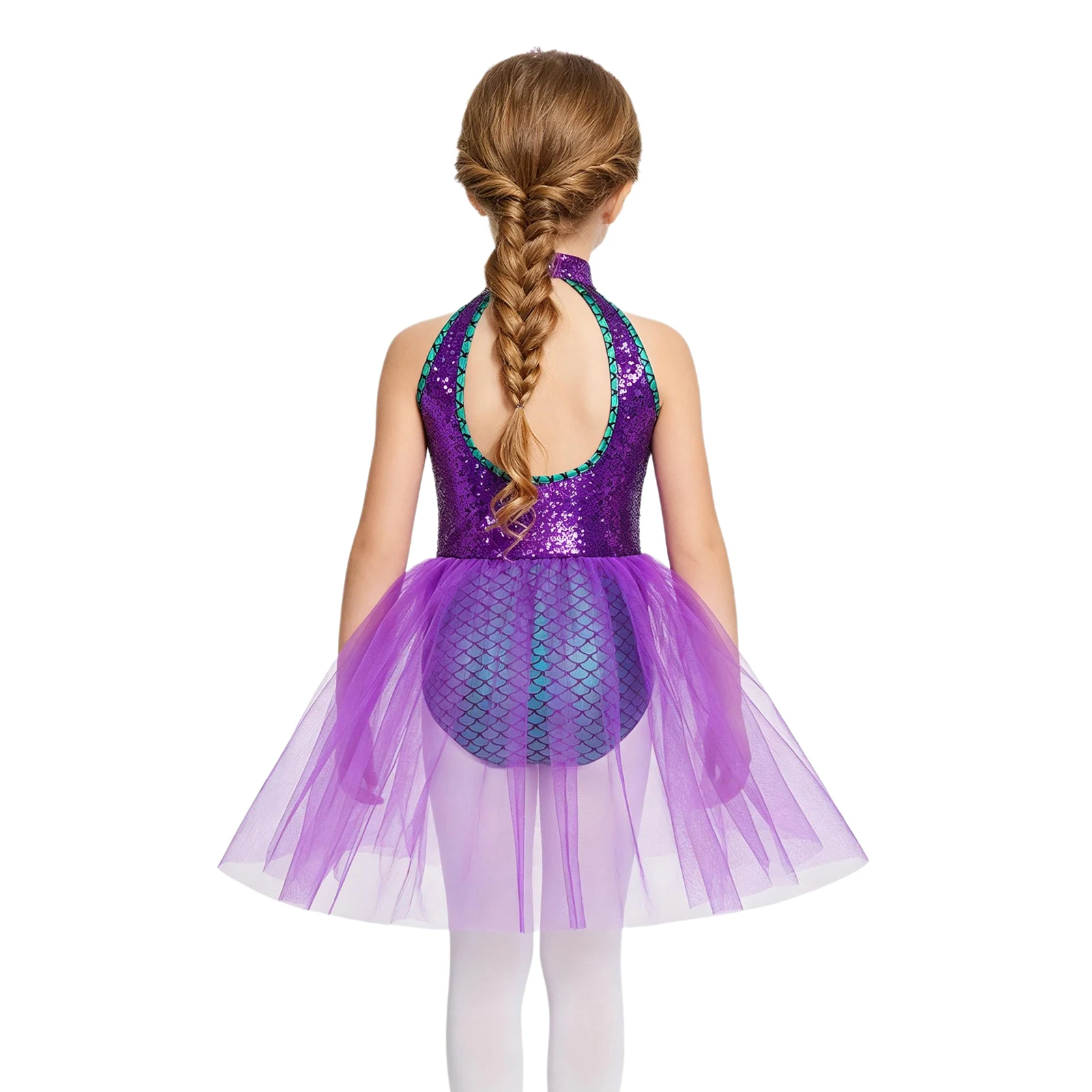 Girls Mermaid Ballet Dance Leotard Dress Metallic Shiny Fish Scale Sequin Bow Tulle Tutu Halloween Carnival Performance Costume
