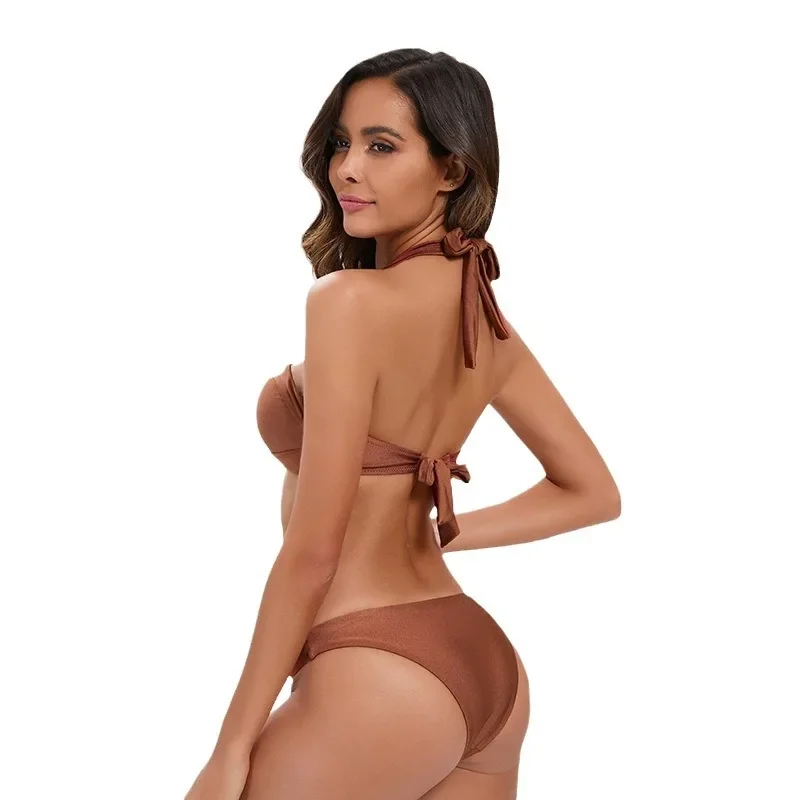 Sexy cor sólida feminino halter pescoço aberto volta biquíni banho feminino conjuntos de biquíni beachwear maiô