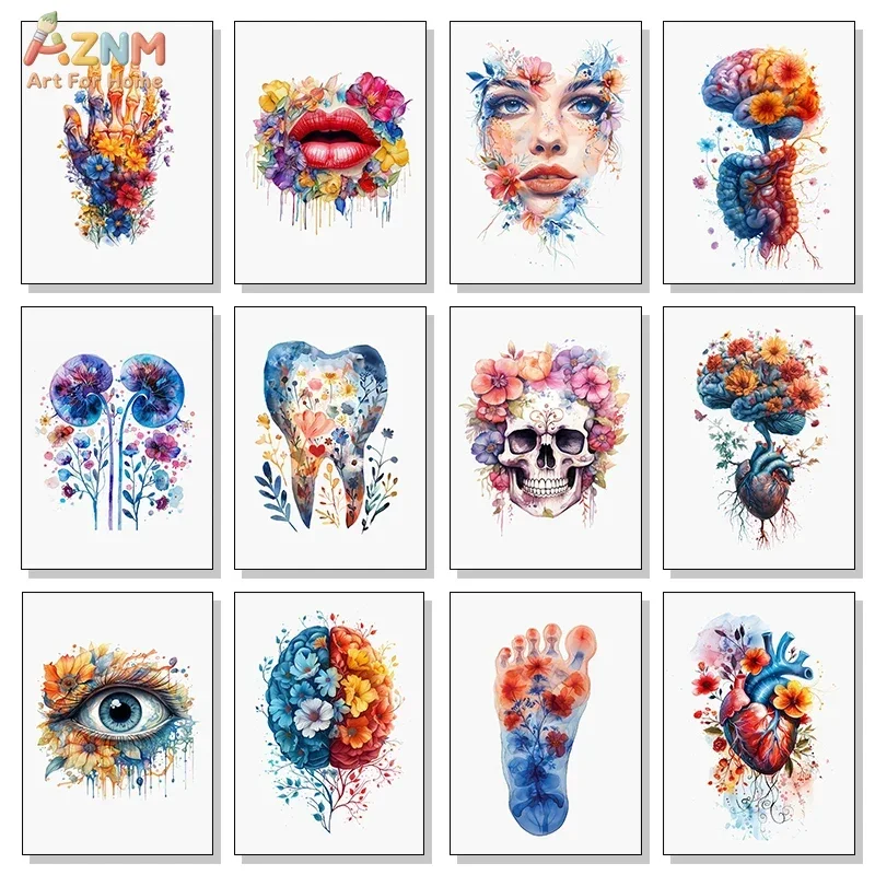 AZNM Floral Anatomy Canvas Wall Art Watercolor Human Organ Skull Tooth Eye Heart Poster Print Medical Clinic Decor Unframed Canv