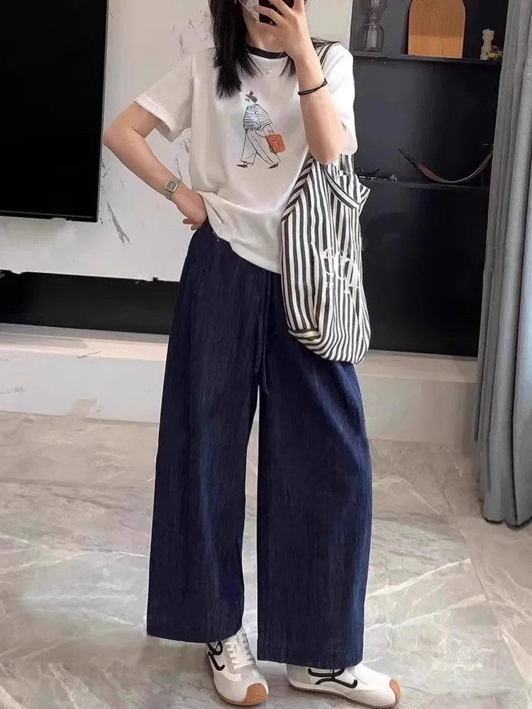

Loose Casual Wide Leg Denim Jeans Women's New Style Slimming Cotton Linen Nine Points Grandmother Pants Daily Wear High Waist