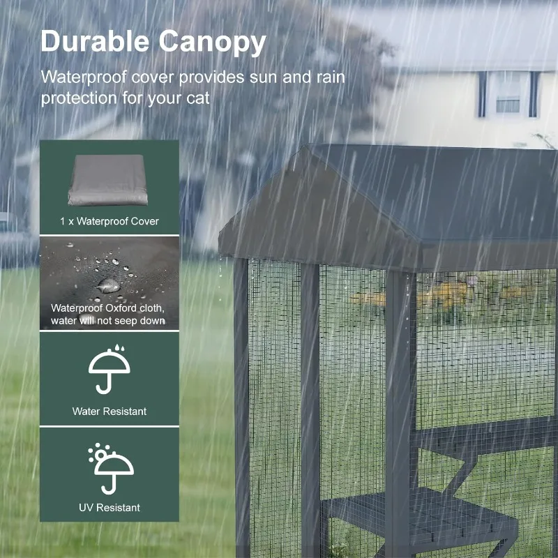 حاوية قطط خارجية، منزل قطط كبير للقطط المتعددة يمشي في قفص القطط مع غطاء مقاوم للماء وسقف لوحة أشعة الشمس، حرمية