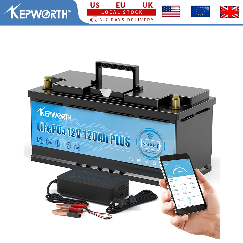 Batterie LiFePO4 KEPWORTH 12V 120Ah avec BMS Bluetooth 120A, parfaite pour le système solaire caravane RV, Stock ue