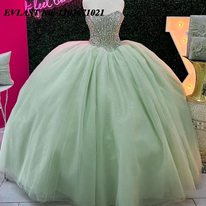 فستان Quinceanera مخصص باللون الأخضر الحكيم من EVLAST مزين بالخرز والكريستال المكسيكي الحلو 16 فيستدوس دي 15 أنوس SQ627