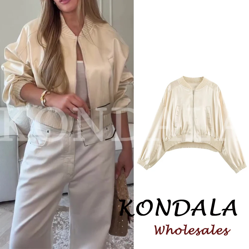 KONDALA Women Silky Satin Pilot Jacket 2026 Autumn New Arrival Vintage Beige Zipper Short Coat Streetwear Casual Female Outwear