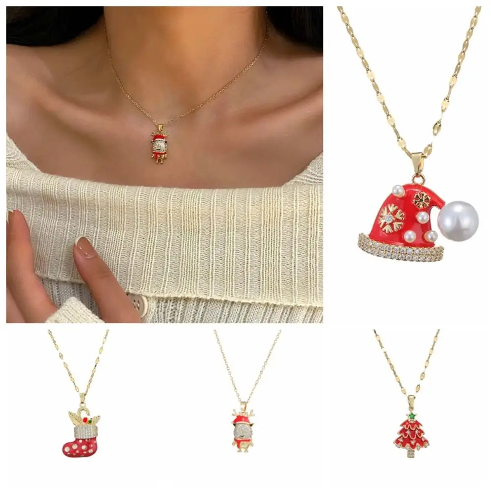 سانتا كلوز عيد الميلاد حجر الراين قلادة الغزلان الجوارب الكرتون قلادة سوار شجرة التيتانيوم الصلب عيد الميلاد سلسلة الترقوة فتاة