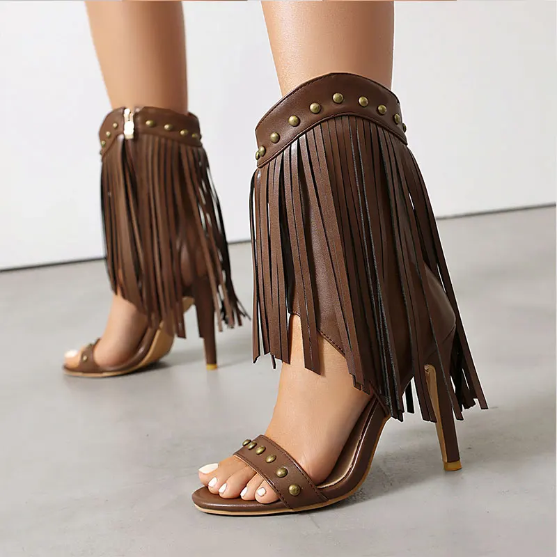 Summer new style fashion high heels Women's sandals solid color open-toe tassel metal decoration thin heels Women's sandals