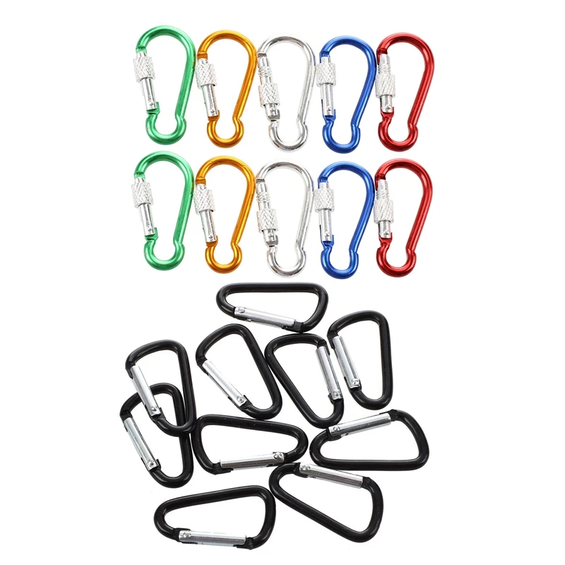 20Pcs D Shaped Aluminum Alloy Snap Clip Key Chain Carabiner Hook - 10 Pcs Black & 10Pcs Assorted Color