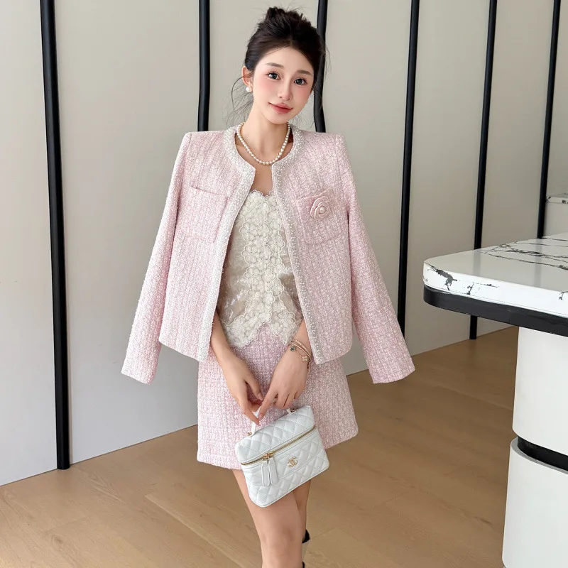 Ladies' 2 pieces of coarse woolen woolen suit jacket+skirt 2026 autumn/winter new small fragrant style women's clothing