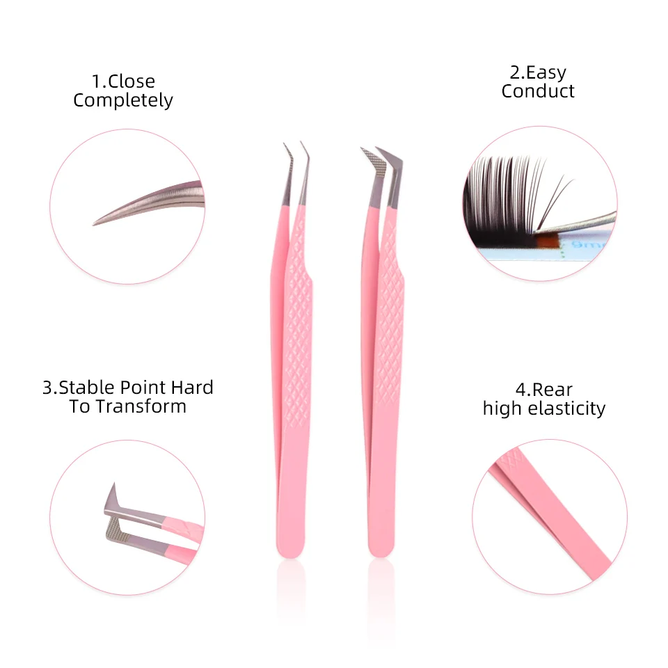 Custom Logo Eyelash Tweezers Pink Stainless Steel Superhard Tweezers With Fiber Tips High Precision Anti-Static Makeup Tweezers