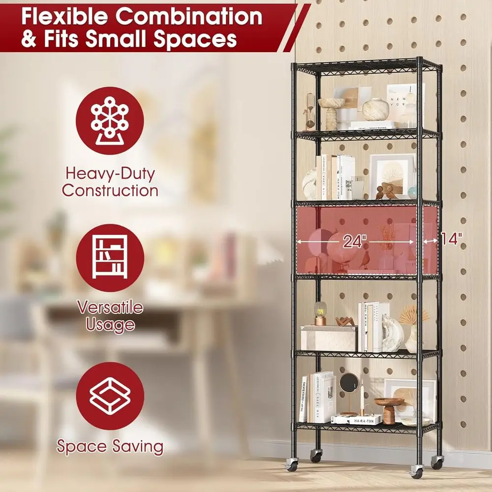 6-laags heavy-duty rollende draadplanken, 14x24x71, capaciteit van 750 lbs, ruimtebesparend opbergrek voor garage, kast, keuken