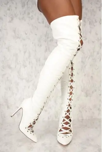 

Sexy Women White Black Suede Pointed Toe Cross Tied Zipper Back Stiletto Heel Sim Over The Knee Boots Hollow Sandals Boots