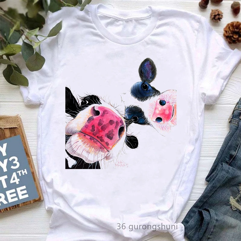 Funny Watercolor Colorful Cow T-Shirt Love Heifer Graphic Print T Shirt Women Clothes Female Clothing Short Sleeve 90s Tees Top