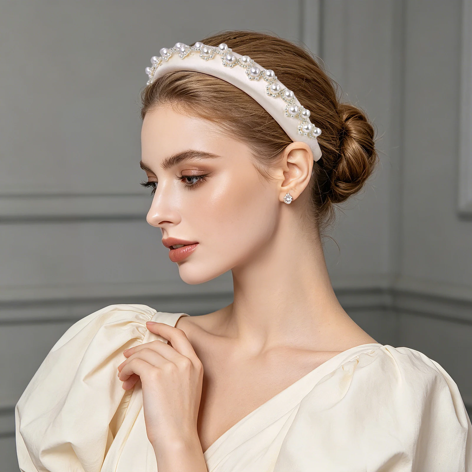 

Women Elegant Pearl Headband Satin High Crown Hairband Handmade Beaded Bridal Wedding Hair Hoop Fashion Hair Accessories SA129
