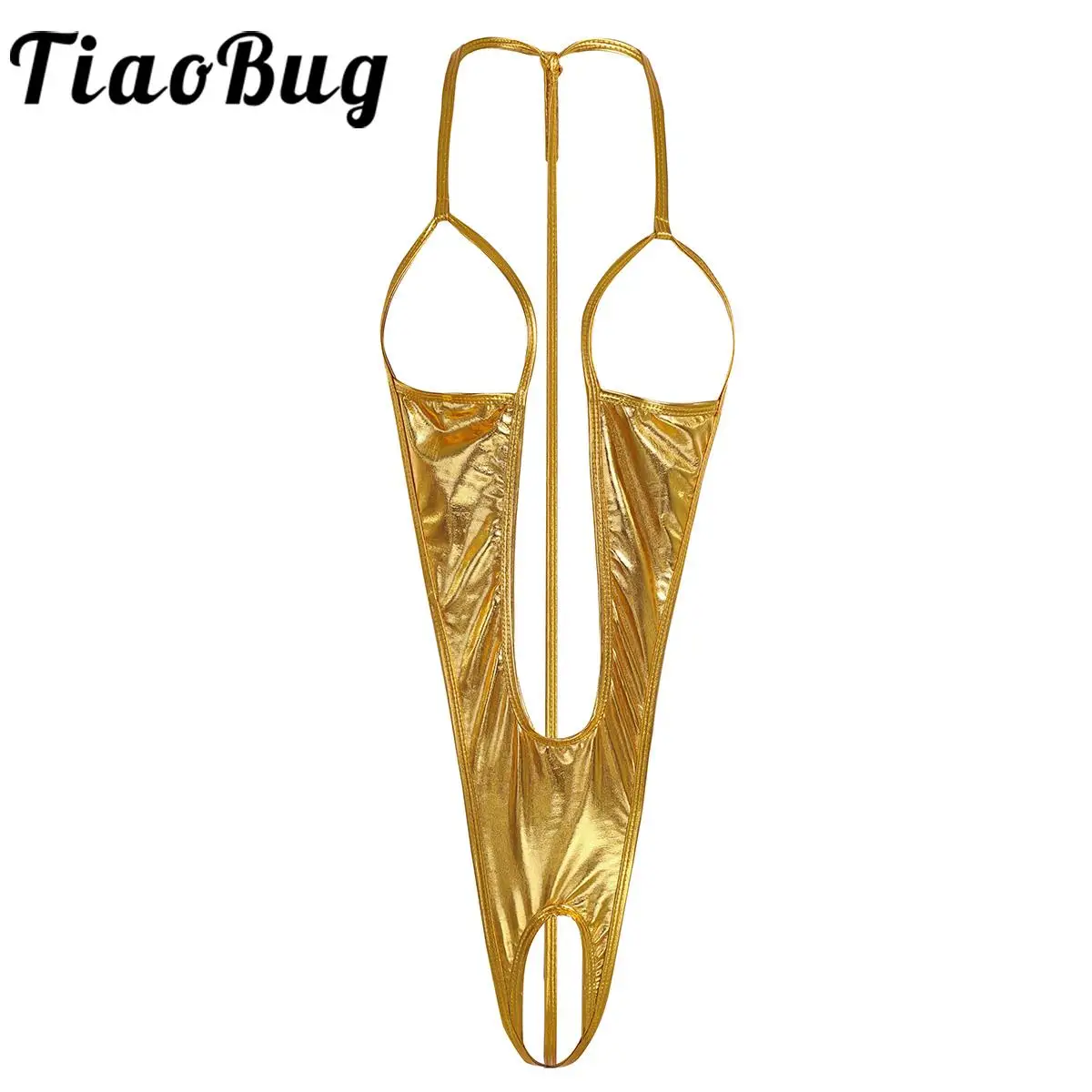 TiaoBug Women Swimsuit One-piece Patent Leather Open Bust Backless Crotchless Sexy Bodysuit Swimwear Sexy Sleepwear Nightwear